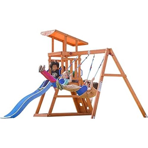 Dolphin Playground Wooden Swing Sets for Backyard, Playground Sets for Backyards with Slide, Sandbox, Climbing Wall, and 2 Belt Swings, Outdoor Playset, Backyard Playground Set, Ages 2-6