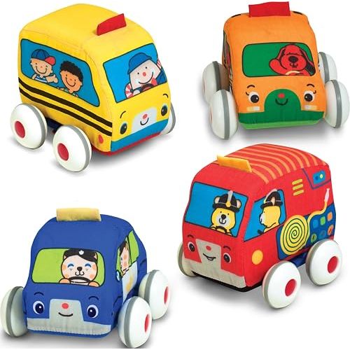 Melissa & Doug K's Kids Pull-Back Town Vehicle Set - Baby Toys Set with 4 Soft Toy Cars and Trucks, Surface Washable with Removable Wheels, Learning Toys for Babies and Toddlers