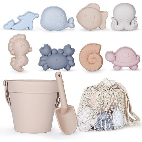 MarcZero 11Pcs Silicone Beach Toys,Modern Baby Beach Toys,Travel Friendly Beach Set,Silicone Bucket, Shovel, 8 Sand Molds, Beach Bag,Silicone Sand Toys for Toddlers, Kids (Begie)