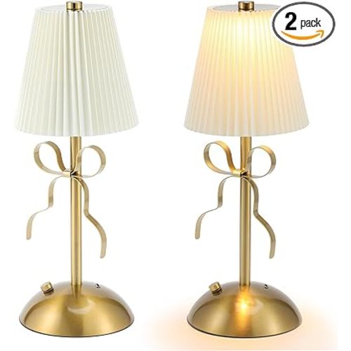 2 Pack Small Gold Bow Table Lamp 12 Inch for Girl's Bedroom Cute Coquette Bow Table Lamp with Fabric Shade Modern Decorative Bedside Light Small Princess Desk Lighting Boho Living Room(White)