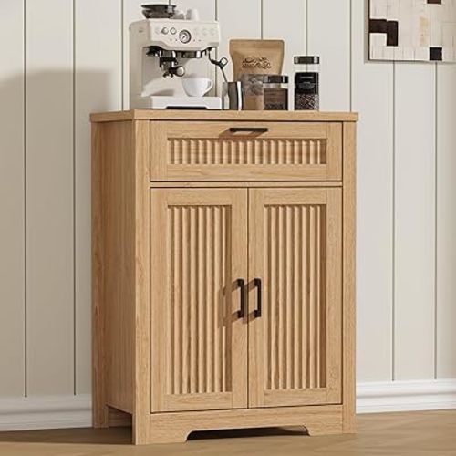 Buffet Cabinet with Storage Drawer, Farmhouse Coffee Bar Table with Storage Drawer and Adjustable Shelf, Small Fluted Sideboard Cabinet for Kitchen, Dining Room, Living Room, Entryway, Natural Oak
