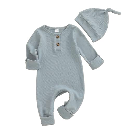 Infant Boys Girls Clothes Set Newborn Baby Romper Hat Ribbed Knit Long Sleeve Button Solid Bodysuit Jumpsuit