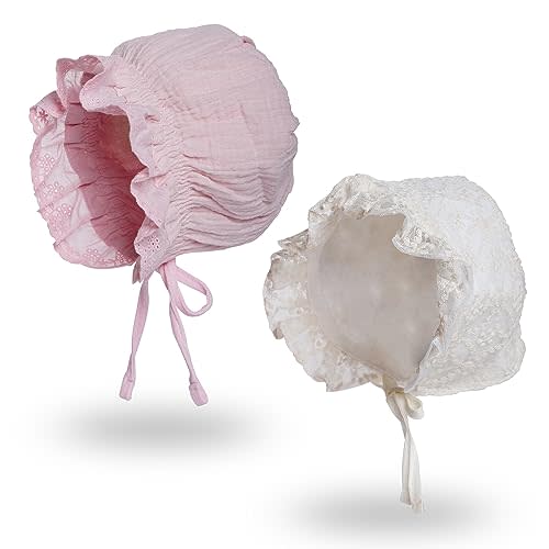 Baby Girls Christening Toddlers Eyelet Breathable Cotton Adjustable Bonnets Sun Protection Hat for Christening Dress(Beige,Pink)
