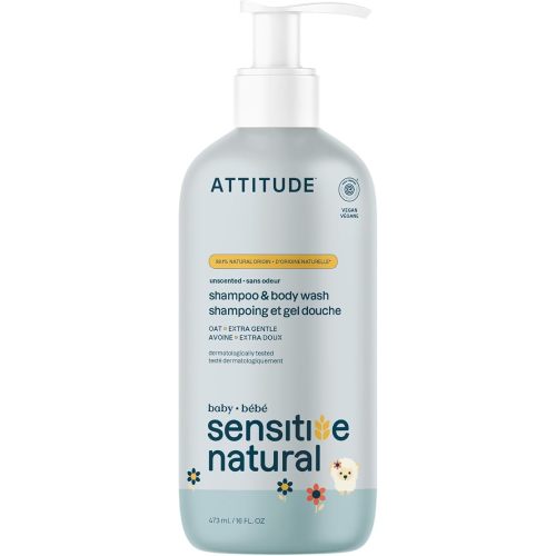 ATTITUDE Baby Shampoo & Body Wash, Unscented, for Sensitive Skin, 16 Fl Oz