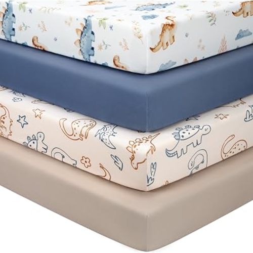 Baby Crib Sheets for Boys Girls, Toddler Bed Sheets Fitted for 52"x28" Standard Crib and Toddler Mattresses, 4 Pack Soft Stretchy Microfiber Khaki Blue Dinosaur