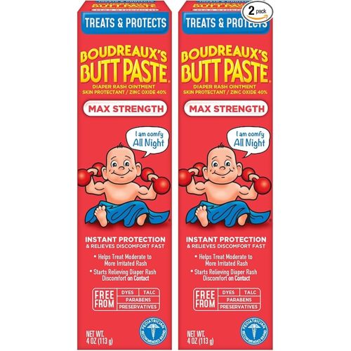 Boudreaux's Butt Paste Maximum Strength Diaper Rash Cream, Ointment for Baby, 4 oz Tube (Pack of 2)