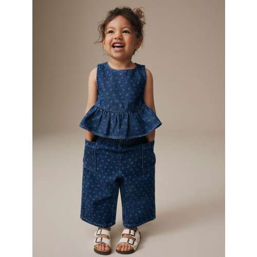 Dark Blue Floral Printed Denim Top and Trousers Set (3mths-7yrs)