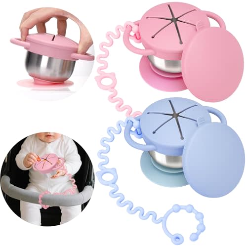 Palksky Toddler Snack Cups Stainless Steel for Kids, 2 Pack 5-in-1 Snackle Containers with Spill-Proof Silicone Lids,Handles,Suction Base,Anti-Loss Tether, Baby Snack Box No-Spill for On-the-Go,Travel