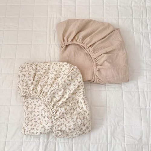 BuLuTu 100% Cotton Fitted Baby Bed Sheets Set of 2, Soft Breathable Muslin Crib Sheets for Standard Crib Mattress Toddler Mattress 52"x28", Machine Washable, Beige & Camellia