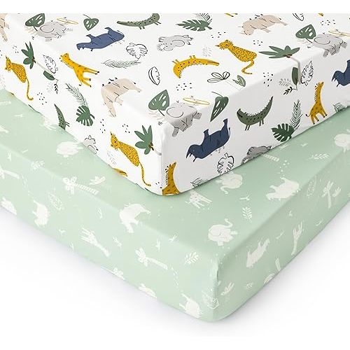 PHF Soft Crib Sheet Fitted, 2 Pack Baby Sheets for Boys Girls, 28x52x9 in Fits Standard Crib and Toddler Mattresses, Silky Comfy Breathable Polyester Baby Mattress Sheets, Forest & Animal