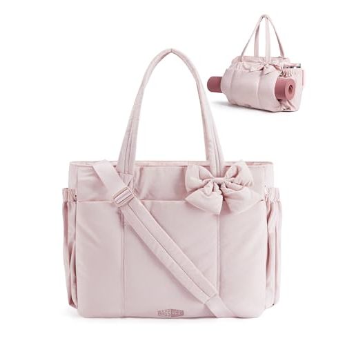BAGSMART Crush Bow Tote Bag for Women, Puffer Travel Work Yoga Laptop Bag | Large Bow Tote Fits 40oz Tumbler, 15.6" Laptop, Yoga Mat Sleeve, Waterproof Pocket, Travel Work Swim Gym Mom Shoulder Handbag