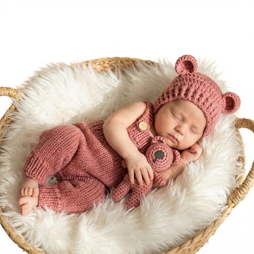 Newborn Photography Props Baby Outfits Bear Hat Romper Costume Set | Handmade Baby Boys Girls Hat, Romper & Bear Photography Photo Props