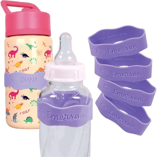 InchBug Orbit Labels Baby Bottle and Water Bottle Silicone Name Bands – Personalized Reusable Label Set for Daycare, Sippy Cups, Preschool, Elementary School, Dishwasher Safe, 4-Pack (Lavender Gelato)