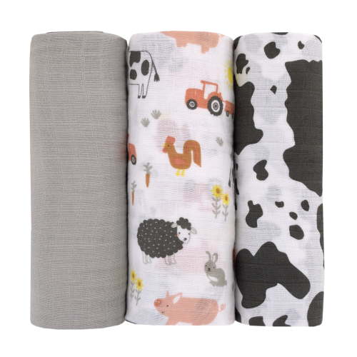 Parent's Choice Muslin Swaddle 3-Pack, 100% Cotton, Farm Animals