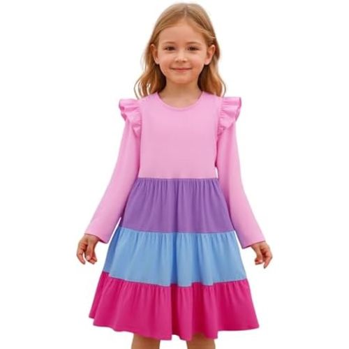 Girl Long Sleeve Dress Ruffle Rainbow Color Block Cotton Casual Tiered Pleated Twirly Dress