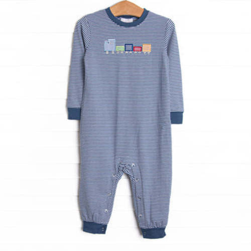 Chugging Along Applique Romper, Navy Stripe – Stitchy Fish