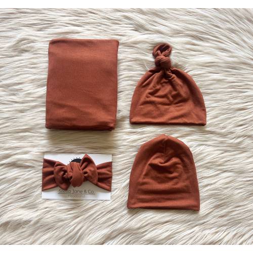 Cinnamon Baby Swaddle Set: Rust Top Knot Hat, Photo Prop