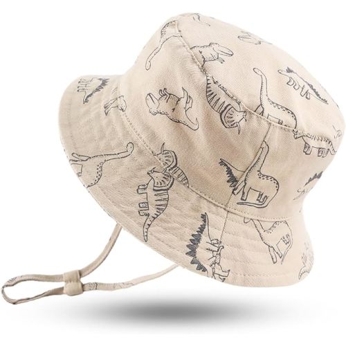 JANGANNSA Dinosaur Baby Boys Sun Hat Cotton Toddler Girls Bucket Hats Summer Sun Protect Cap for Kids (17.3"(0-3 Months), Ivory White Dinosaur)