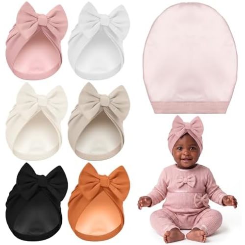 6 Pcs Baby Satin Bonnet for 6-12 Months Infant Silky Satin Lined Stretchy Baby Turban Hats with Bow for Girls Boys
