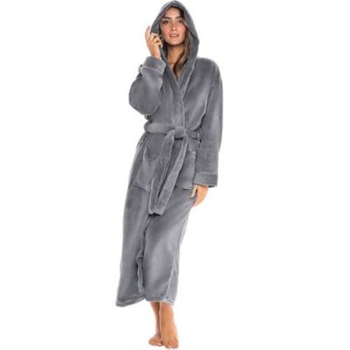 ADR Women's Plush Fleece Hooded Robe, Full Length Warm Bathrobe for Women, Thick Long Robe with Hood, Steel Gray Medium