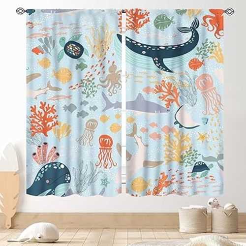 Shark Kids Curtains, Sea World Underwater Fish Ocean Animals Whale Fish Colorful Window Drapery Treatments for Boys Girl Baby Bedroom Living Room Nursery 2 Panels, 52"x84" Inch