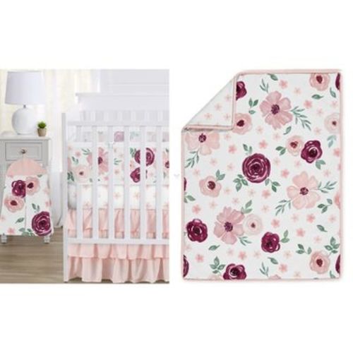 Sweet Jojo Designs Crib Bedding + BreathableBaby Breathable Mesh Liner Baby Nursery Watercolor Floral Burgundy Wine and Pink