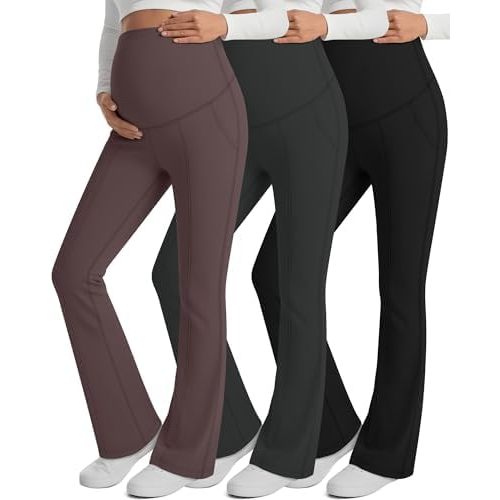 3 Pack Maternity Yoga Dress Pants Over The Belly Pregnancy Pant Stretchy Wide Leg Lounge Trousers with Pocket