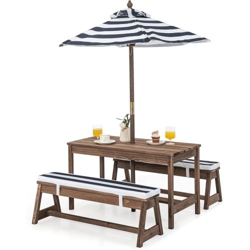 HONEY JOY Kids Picnic Table, Outdoor Wooden Table & Bench Set w/Removable Cushions and Umbrella, Stripe Fabric, Children Backyard Furniture for Patio Garden, Gift for Toddler Boys Girls Age 3+(Blue)