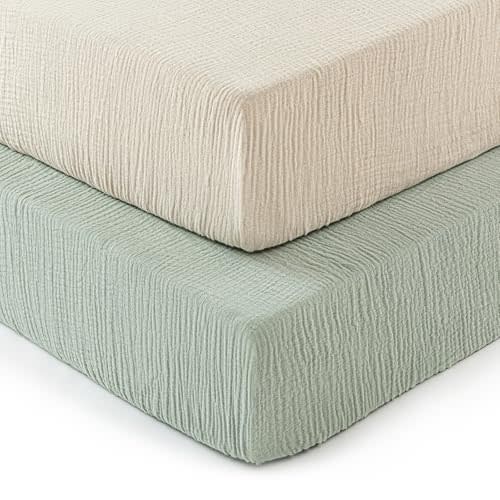 david's kids Muslin Crib Sheets for Boys Girls, 2 Pack 100% Cotton Soft Breathable Fitted Baby Neutral Sheet Set, Standard 52"x28" Crib and Toddler Mattress, Oat Milk & Sage Green