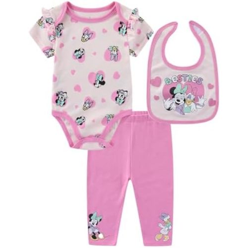 Disney Mickey Minnie Mouse Winnie the Pooh Stitch Baby Boys Girls Bodysuit with Bib and Pants 3 Piece Set for Newborn Infants