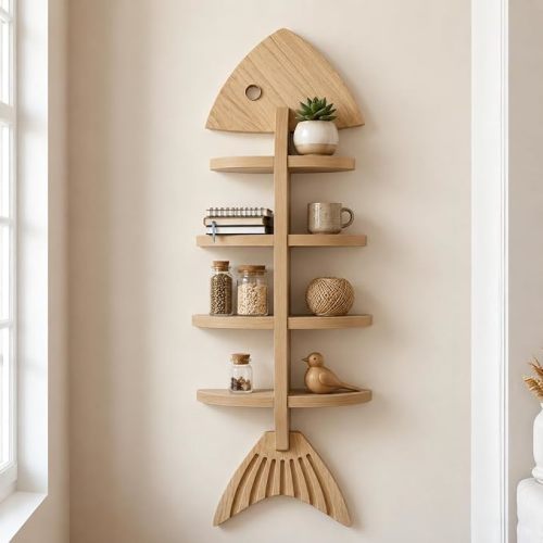 Wooden Fish Wall Shelf, Fish Shaped Floating Shelf, Coastal Wall Decor