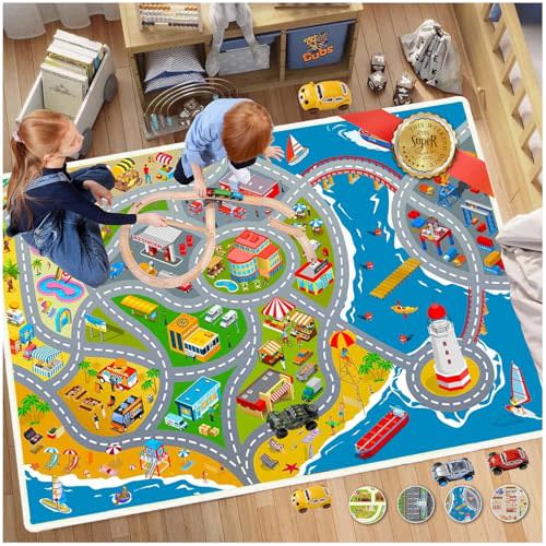 Car Rug Play Mat for Kids Toy Cars,31x47in Road Traffic Ocean Playmat for Kid Bedroom, Non-Slip Machine Washable Ocean Town City Race Track Carpet for Learn and Have Fun
