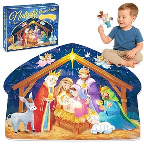 45 Pcs Nativity Floor Puzzles for Kids Age 6-8, Christian Gifts for Kids with Jumbo Floor Puzzles Educational Learning for Kid