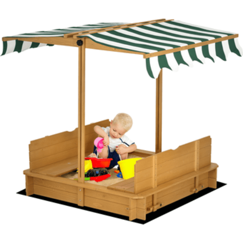 Covered Sandbox with Adjustable Canopy & Benches for Kids
