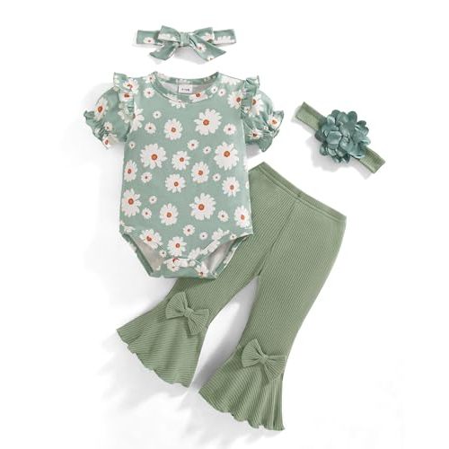 Vibebox Baby Girl Clothes Newborn Preemie Summer Outfits Short Sleeve Ruffle Romper Tops Bell Bottoms Pant Sets with Headband