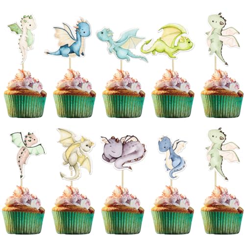 Ephlyn 36Pcs Dragon Party Cupcake Toppers Dragon Birthday Party Decoration Fantasy Dragon Cake Decorations for Flying Dragon Baby Shower Supplies