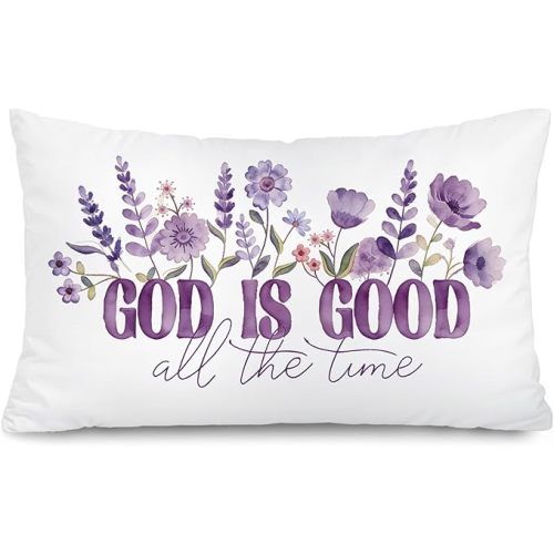 Purple Floral Christian 12x20 Pillow Cover, Christian Gifts for Women, God is Good All The Time Bible Verse Decorative Throw Pillow Covers Pillowcases for Home Living Room Bedroom Decor