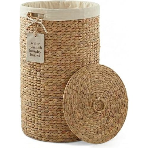 DEILSY™ Natural Round Water Hyacinth Wicker Basket with Lid and Removable Liner, Storage Basket with Lid and Handles, Handwoven Wicker Laundry basket for Bathroom, Bedroom, or Laundry Room