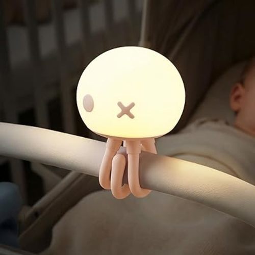 Jellyfish Night Light for Kids Bed Frame - Room Decor & Special Cute Funny Gifts, Rechargeable Baby Nursery Lamp with Soft Silicone Touch Control, Flexible Tentacles, Light Pink