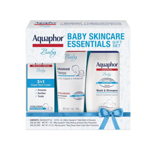 Aquaphor Baby Skin Care Essentials Gift Set with Baby Wash and Shampoo (16.9 Fl Oz) + Healing Ointment for Chapped Skin and Drool Rash (7Oz) + Diaper Rash Cream (3.5Oz), Hypoallergenic