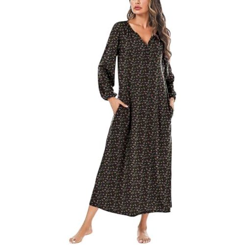 Marvmys Womens Cotton Long Sleeve Nightgown Long Sleepshirts Full Length Henley Sleep Dress with Pockets
