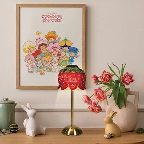 Strawberry Shortcake Touch Lamp- Red Glass Strawberry Shade, USB-C Rechargeable, 3 Dimmable Light Temperatures, LED Desk Lamp, Brush Brass Base & Pole, Cute Décor for Girls' Bedroom, Housewarming Gift