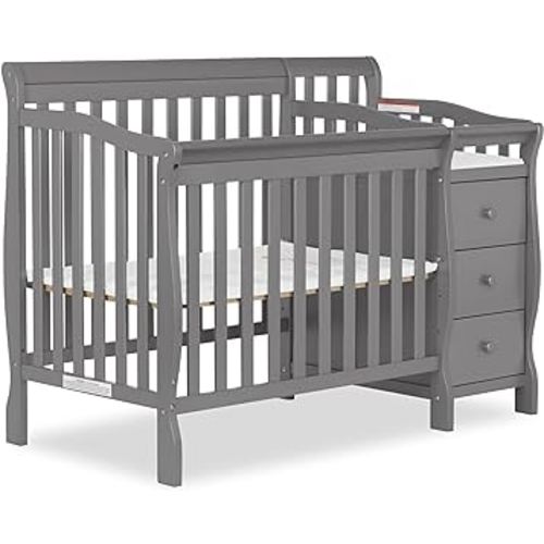 Dream On Me Jayden 4‑in‑1 Mini Convertible Baby Crib & Changer with Storage, Steel Grey, Pinewood, GreenGuard Gold & JPMA, 1” Mattress Pad, 3 Mattress Heights, Converts to Mini Day & Twin-Size Bed