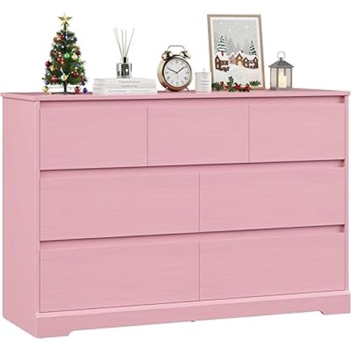 FACBOTALL Dresser for Bedroom, Modern Pink Dresser, Wood Chest of Drawers Nursery Dressers, with Storage, 7 Drawer Double with Handle Free, Large Storage Organizer for Living Room,Pink