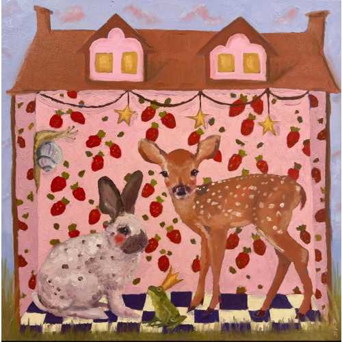 Fine Art Print, 'Strawberry House', whimsical animal dollhouse artwork