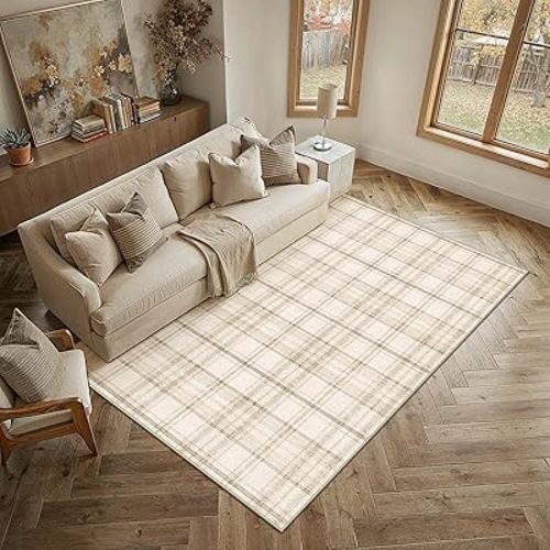 6x9 Beige Area Rug for Living Room Bedroom Machine Washable Low Pile Checkered Carpet Modern Accent Soft Non Slip Rug for Dining Room Nursery Office Indoor