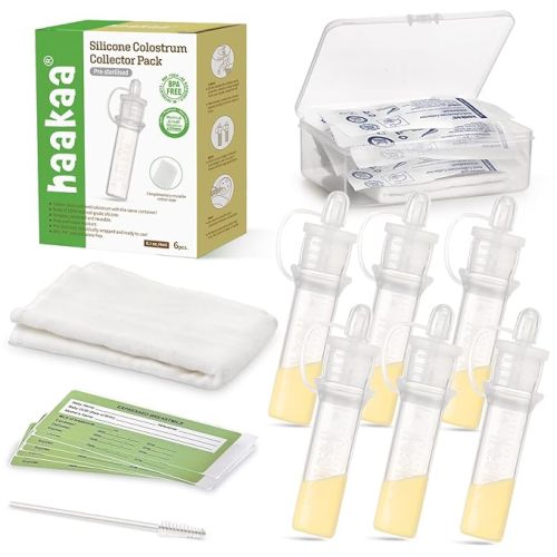 haakaa Colostrum Collector Kit Breast Milk Collector with Cotton Cloth Wipe and Storage Case, Ready-to-Use, Reusable, 4ml/6pcs
