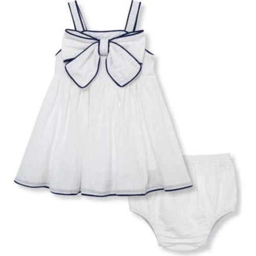 Piped Bow Front Cotton Dress with Bloomers, 12M