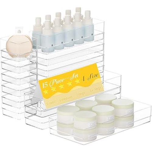 15 PCS Clear Plastic Drawer Organizer Set, 4 Sizes Acrylic Drawer Storage Trays Non Slip Storage Bins for Makeup, Jewelry, Gadgets for Kitchen, Bedroom, Bathroom, Office