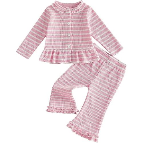 WZTYYDS Toddler Baby Girl Fall Clothes Ruffle Tops Flared Pants Set | Waffle Knit, Striped, Long Sleeve Button Down Shirt, Bell Bottoms, 6M, 12M ,18M, 2T, 3T, 4T, Little Kids, 2Pcs Outfit